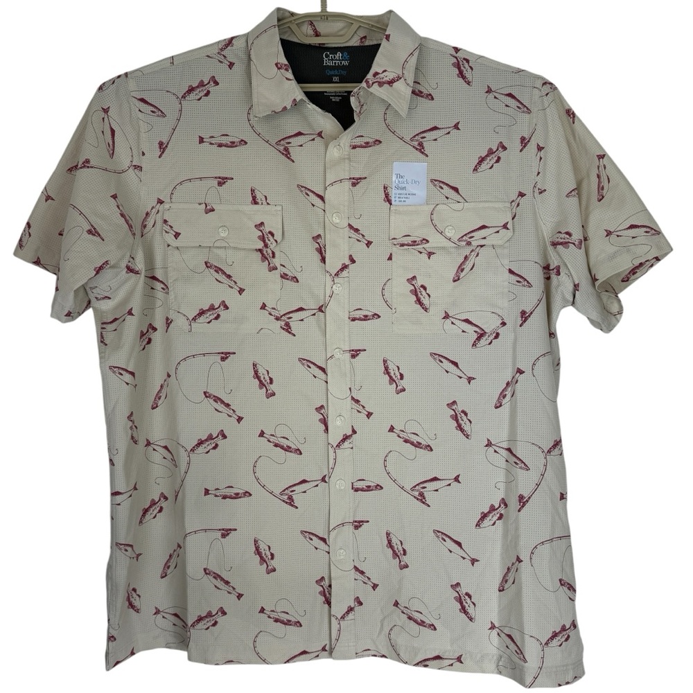 Croft Barrow Shirt Mens 2XL XXL Tall Quick Dry Fishing Vented AOP Bass Beige Red